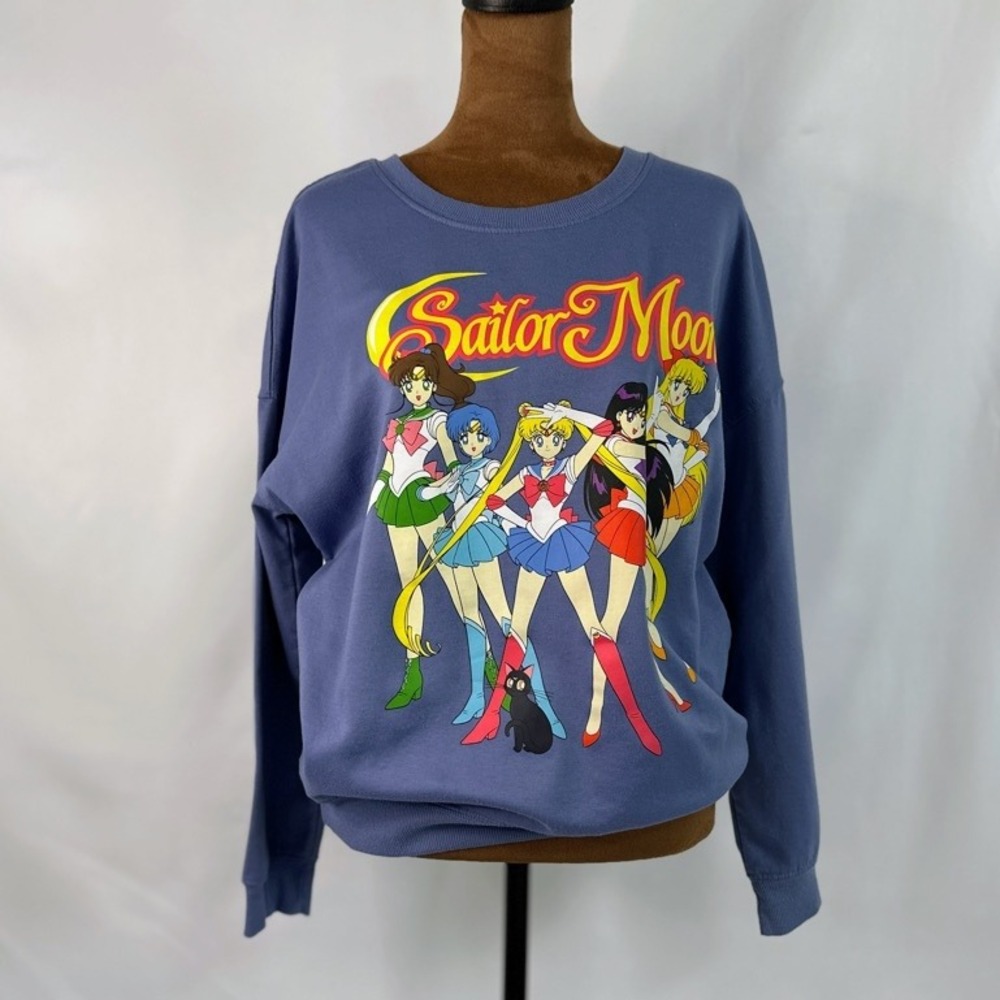 Sailor Moon Graphic Sweatshirt Women Medium Blue Excellent Anime Scouts Luna